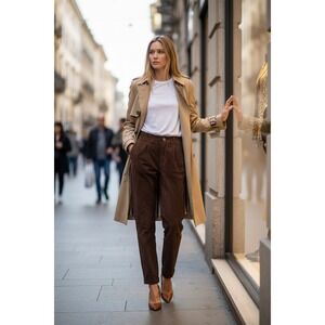 70s boho Finnish Dark Brown Suede Pleated High Waist Trousers‎ Size C36